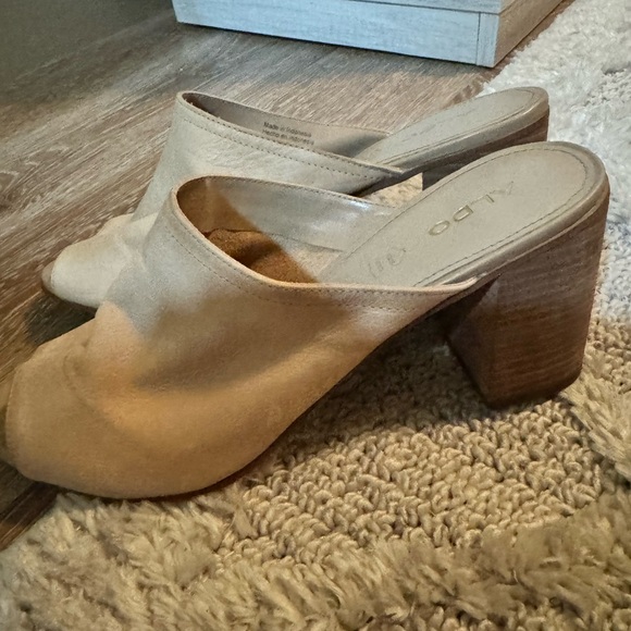 ALDO Nude Dorothy Soft Leather Wooden Block Heel Peep Toe Slip-on Slide … - Picture 2 of 8